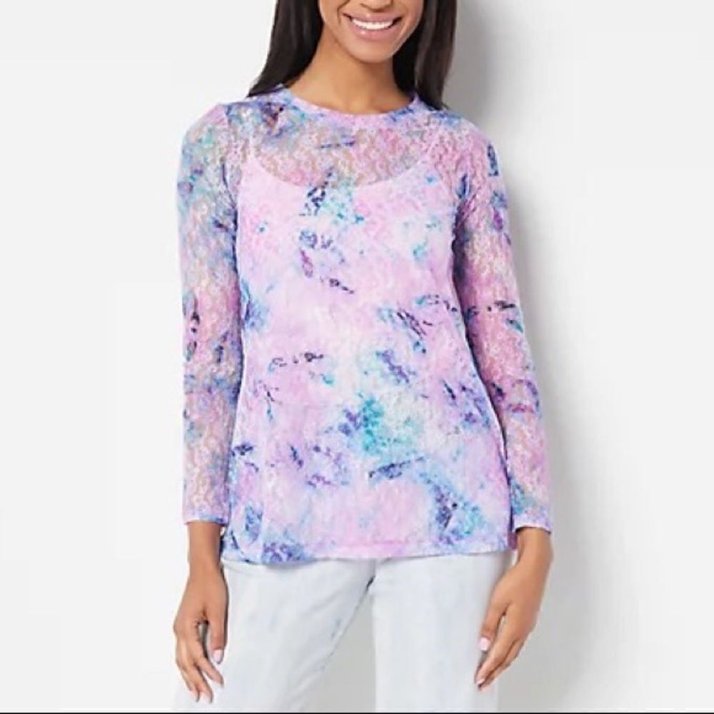 LOGO Layers by Lori Goldstein Printed Tie-Dye Sheer Lace Top